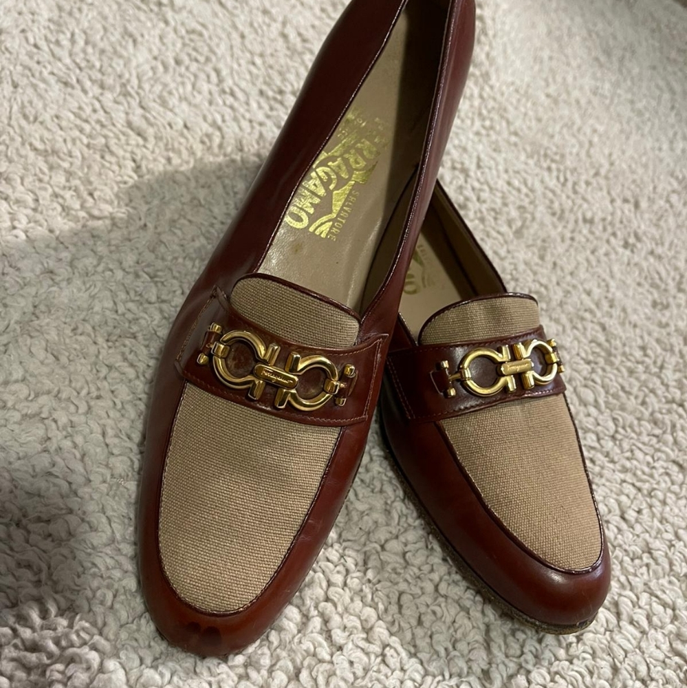 Salvatore Ferragamo Brown Leather Gold Gancini Bit Loafers Sz 10.5 AAA Italy